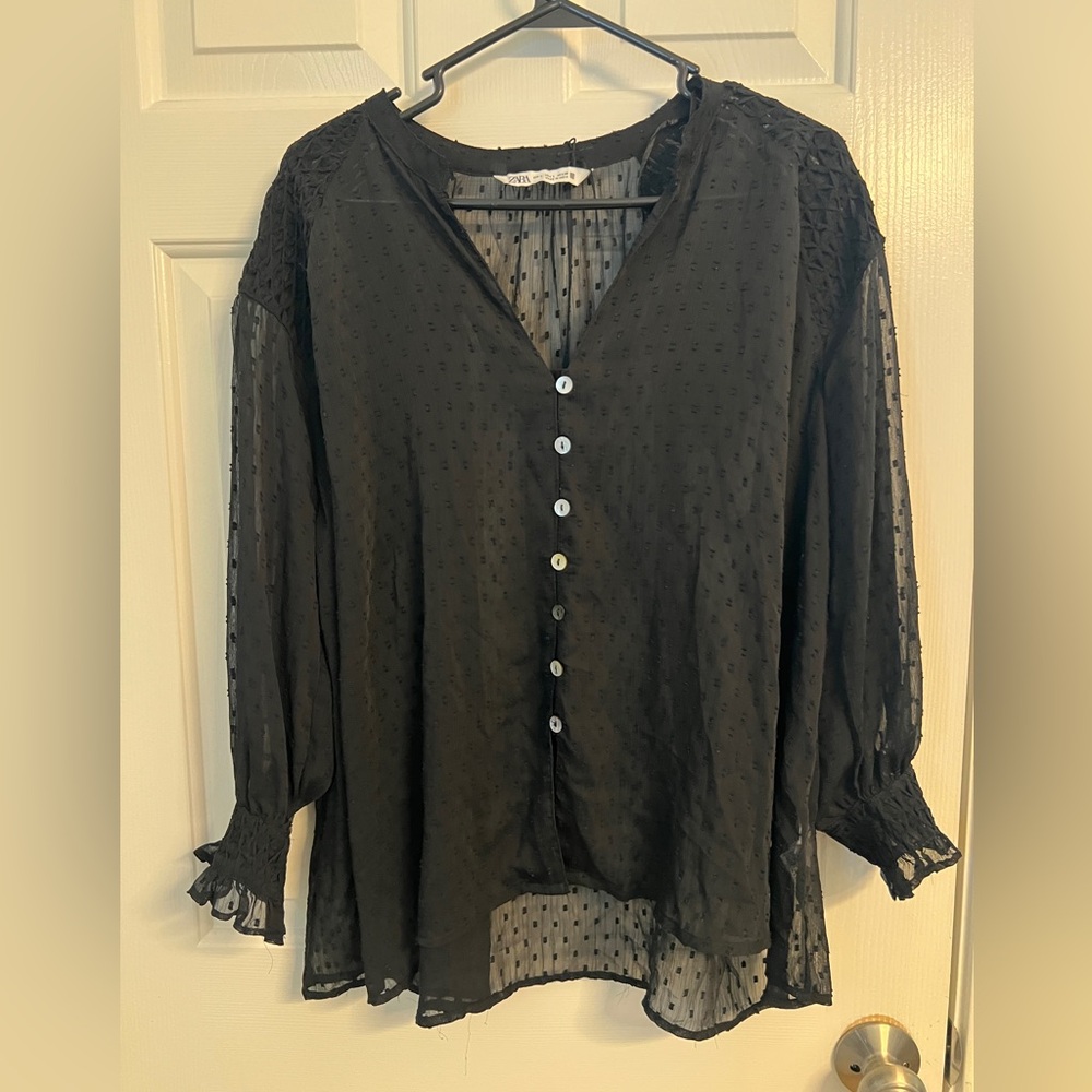 Zara Black Swiss Dot Button-Front Women’s Blouse